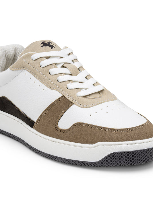 Men's White & Beige Colourblock Casual Sneakers
