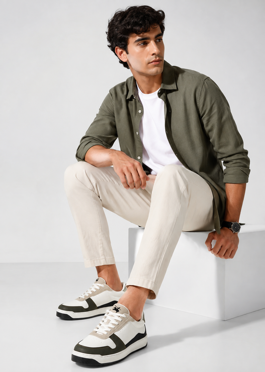 Men's White & Green Colourblock Casual Sneakers