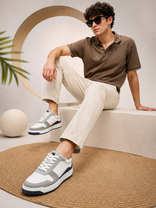 Men's White & Grey Colourblock Casual Sneakers