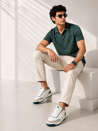 Men's White & Green Colourblock Casual Sneakers