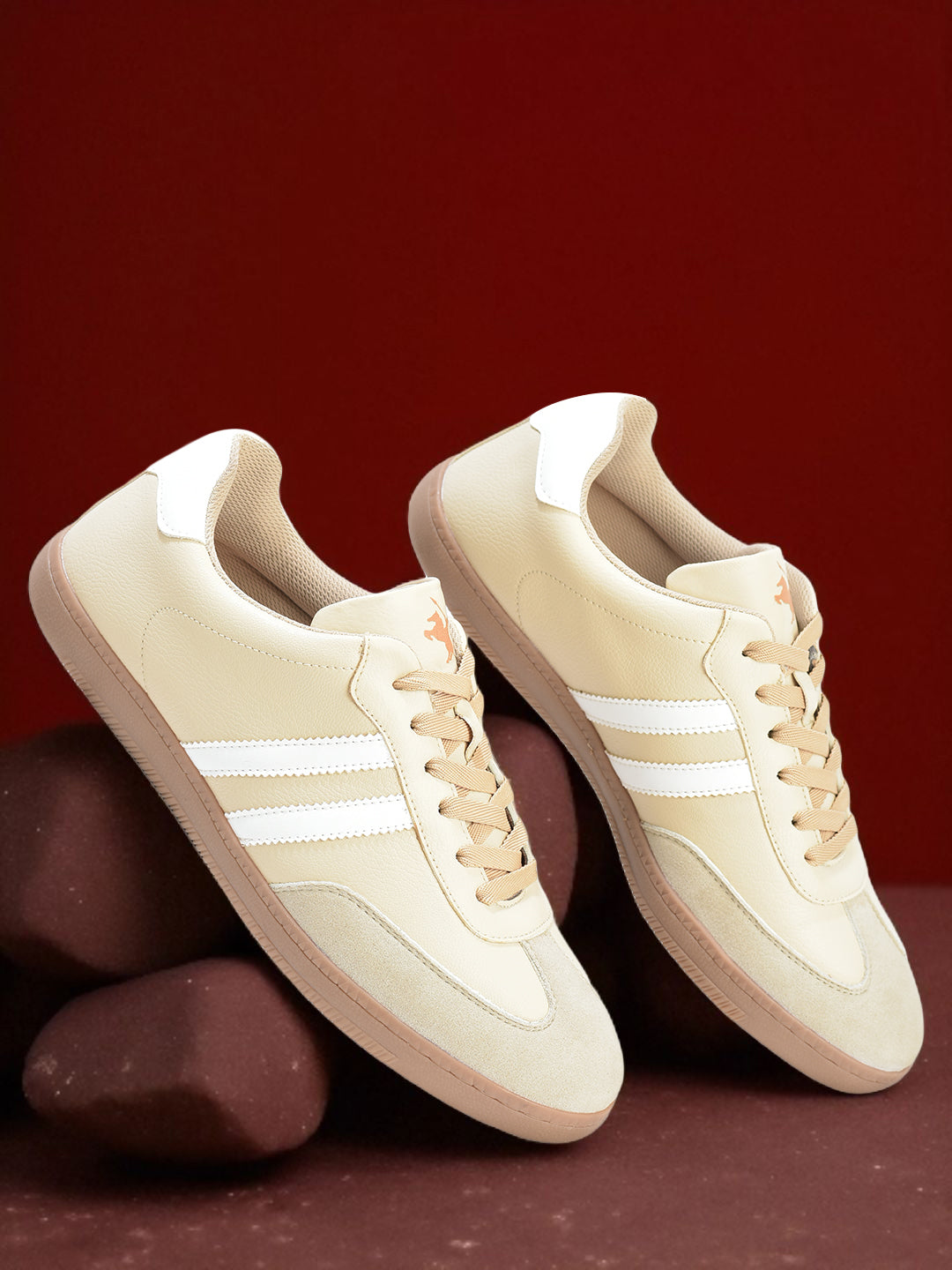 Men's White & Beige Colorblock Casual Sneakers - Image 1