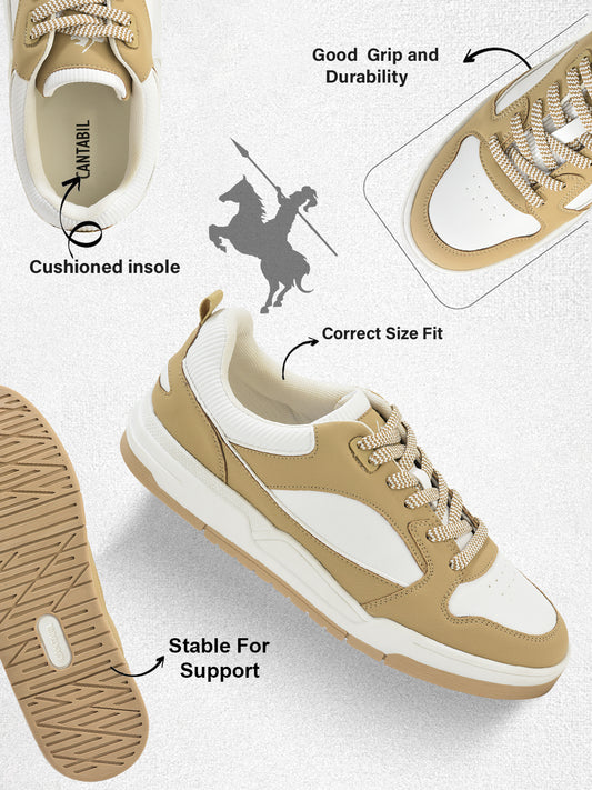 Men's White & Beige Colorblock Casual Sneakers Shoe
