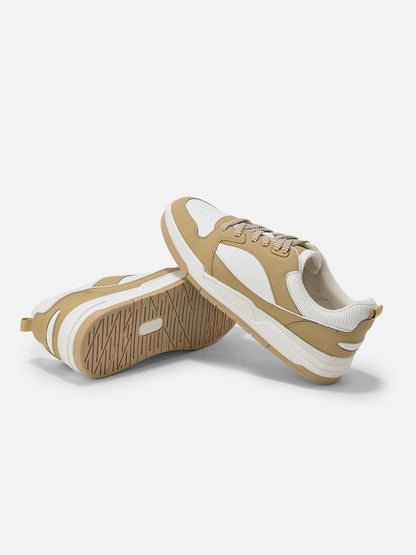 Men's White & Beige Colorblock Casual Sneakers Shoe