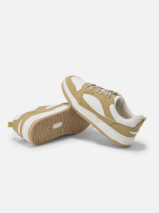 Men's White & Beige Colorblock Casual Sneakers Shoe