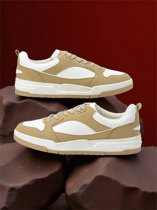 Men's White & Beige Colorblock Casual Sneakers Shoe