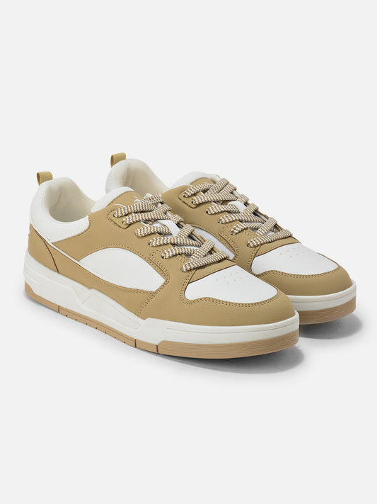 Men's White & Beige Colorblock Casual Sneakers Shoe