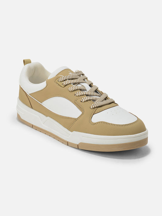 Men's White & Beige Colorblock Casual Sneakers Shoe