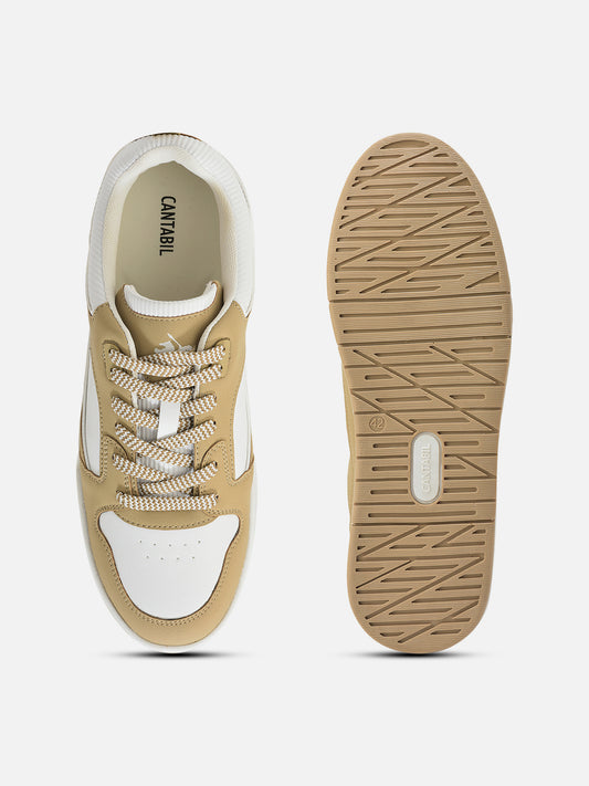Men's White & Beige Colorblock Casual Sneakers Shoe