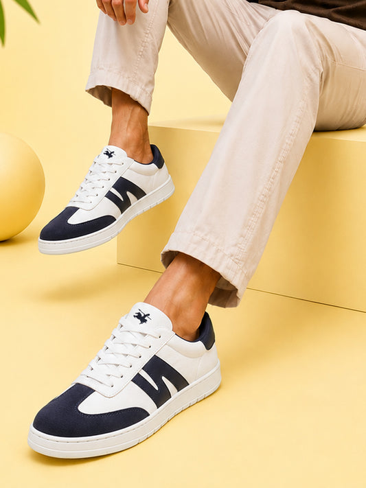 Men's White & Navy Colourblock Casual Sneakers