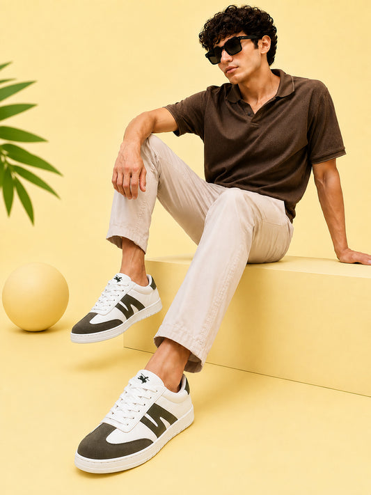 Men's White & Green Colourblock Casual Sneakers