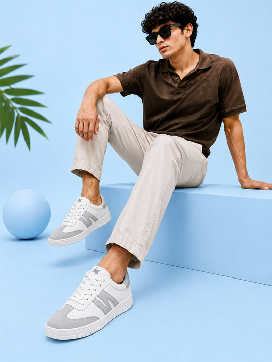 Men's White & Grey Colourblock Casual Sneakers