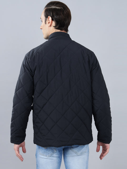 Men's Navy Blue Solid Stand Collar Winter Jacket