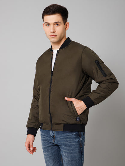 Solid Full Sleeves Mock Collar Regular Fit Olive Casual Reversible Jacket For Men