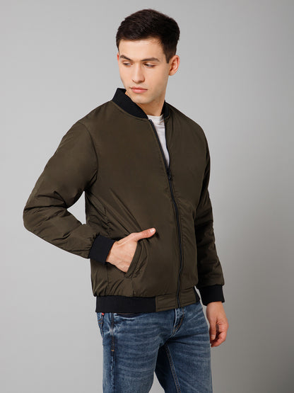 Solid Full Sleeves Mock Collar Regular Fit Olive Casual Reversible Jacket For Men