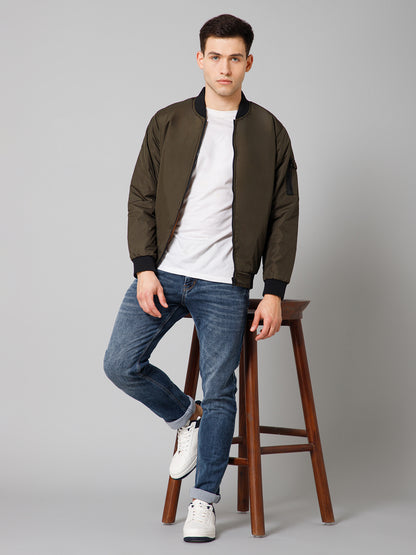 Solid Full Sleeves Mock Collar Regular Fit Olive Casual Reversible Jacket For Men