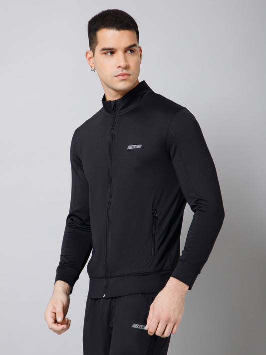 Solid Full Sleeves Mock Collar Regular Fit Full Zipper Front Men Black Active Wear Jacket