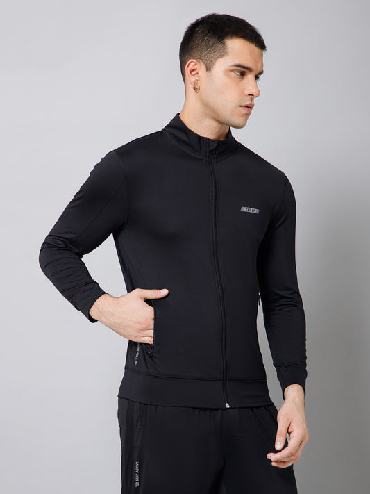 Solid Full Sleeves Mock Collar Regular Fit Full Zipper Front Men Black Active Wear Jacket