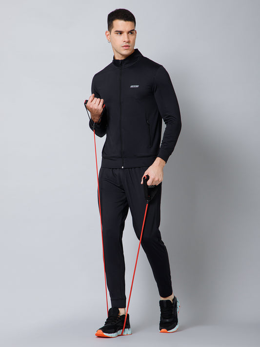 Solid Full Sleeves Mock Collar Regular Fit Full Zipper Front Men Black Active Wear Jacket