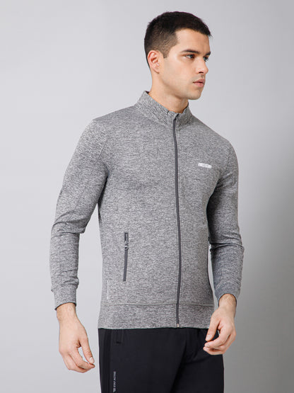 Solid Full Sleeves Mock Collar Regular Fit Full Zipper Front Men Grey Active Wear Jacket