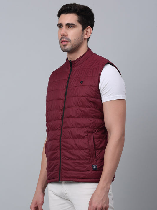 Solid Navy Sleeveless Mock Collar Regular Fit Reversible Casual Jacket For Men