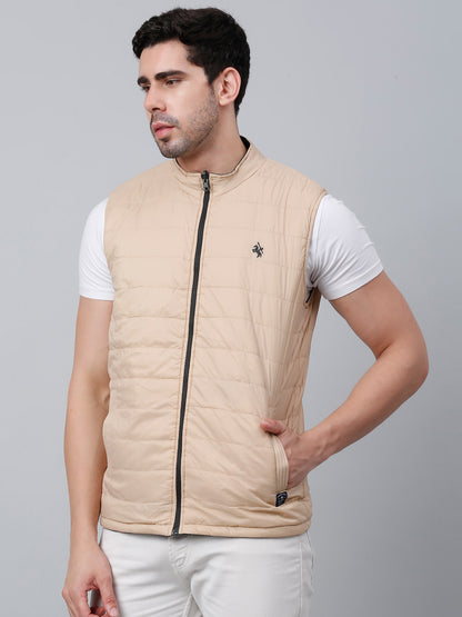 Solid Sleeveless Band Collar Regular Fit Olive Casual Reversible Jacket For Men