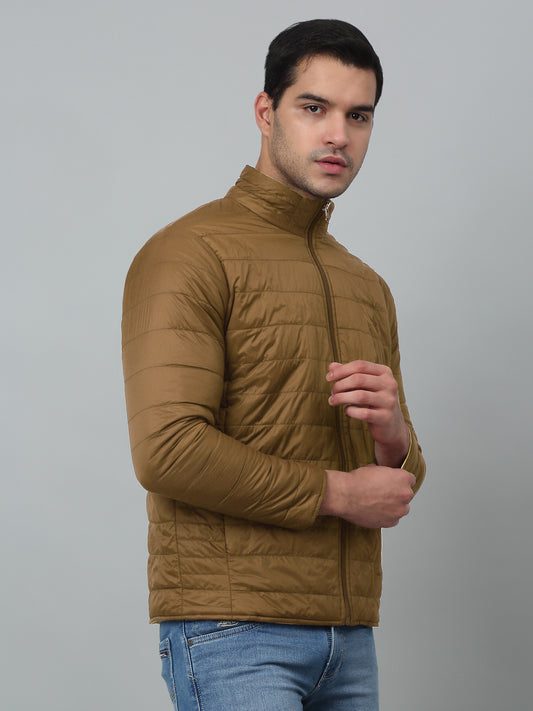 Solid Brown Full Sleeves Band Collar Regular Fit Reversible Jacket for Men