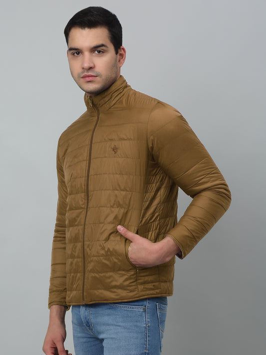 Solid Brown Full Sleeves Band Collar Regular Fit Reversible Jacket for Men