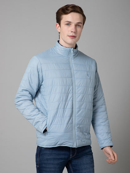 Solid Sky Blue Full Sleeves Mock Collar Regular Fit Reversible Puffer Jacket for Men