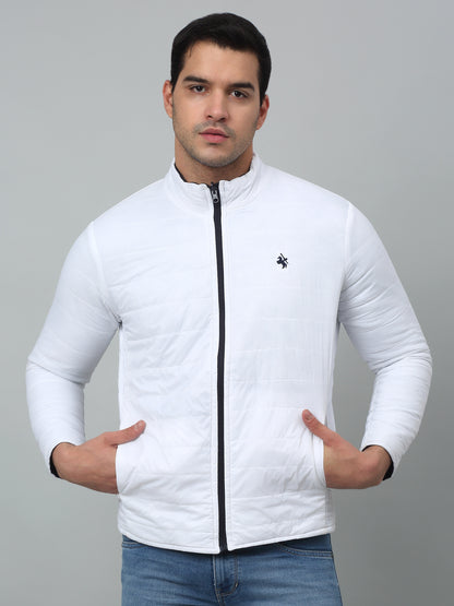 Solid White Full Sleeves Band Collar Regular Fit Reversible Jacket for Men