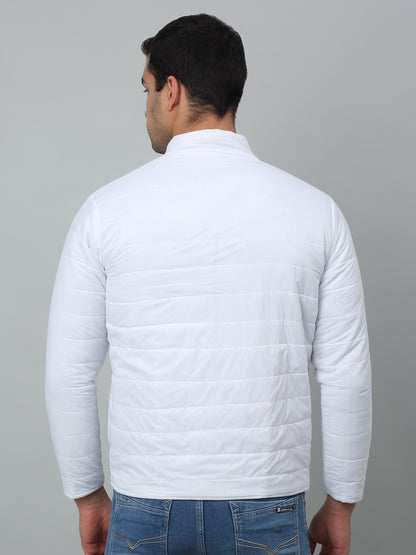 Solid White Full Sleeves Band Collar Regular Fit Reversible Jacket for Men