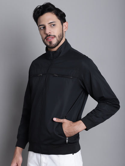 Solid Black Full Sleeves Mock Collar Regular Fit Casual Jacket for Men