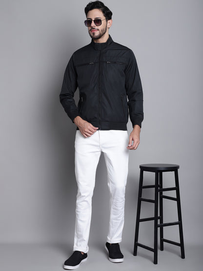 Solid Black Full Sleeves Mock Collar Regular Fit Casual Jacket for Men