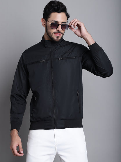 Solid Black Full Sleeves Mock Collar Regular Fit Casual Jacket for Men