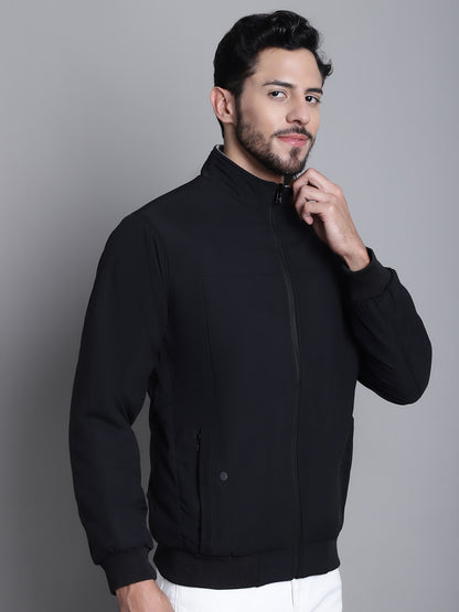 Solid Black Full Sleeves Mock Collar Regular Fit Reversible Casual Jacket for Men