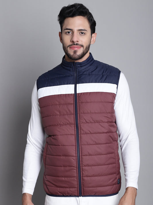 Cantabil Colorblocked Wine Sleeveless Mock Collar Regular Fit Mens Reversible Casual Jacket (7170639069323)