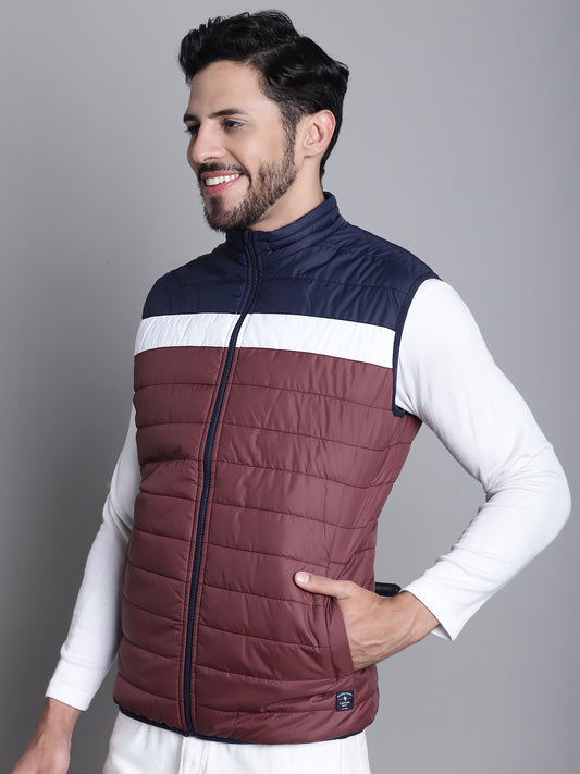 Cantabil Colorblocked Wine Sleeveless Mock Collar Regular Fit Mens Reversible Casual Jacket (7170639069323)