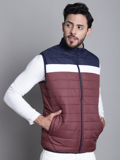 Cantabil Colorblocked Wine Sleeveless Mock Collar Regular Fit Mens Reversible Casual Jacket (7170639069323)