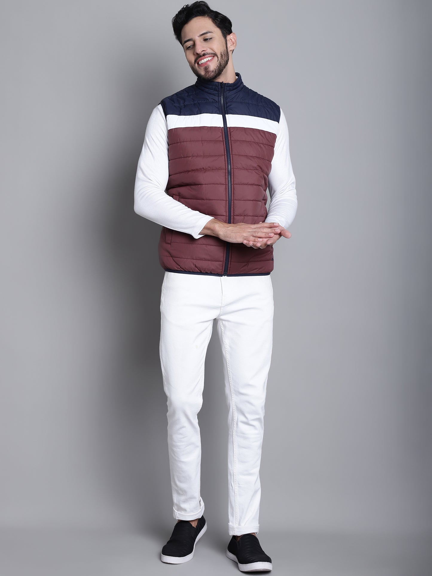 Cantabil Colorblocked Wine Sleeveless Mock Collar Regular Fit Mens Reversible Casual Jacket (7170639069323)