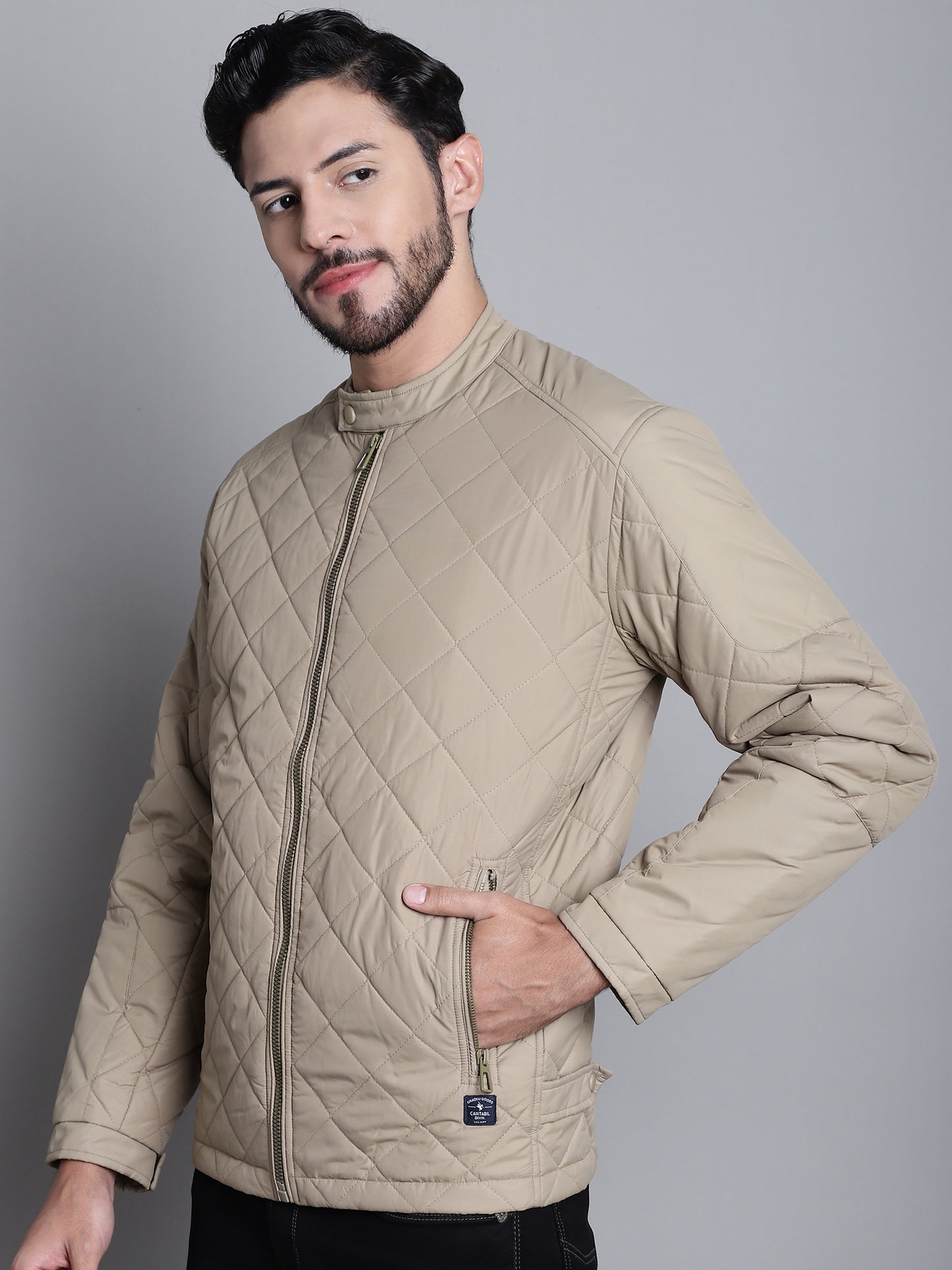 Cantabil Solid Beige Full Sleeves Mock Collar Regular Fit Mens Casual Jacket (7170643656843)