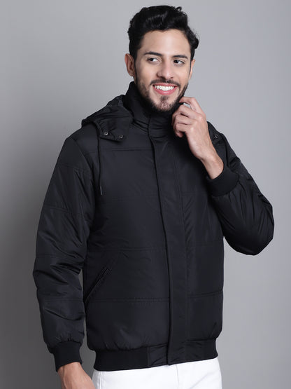 Solid Black Full Sleeves Hooded Neck Regular Fit Casual Jacket For Mens