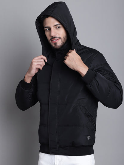 Solid Black Full Sleeves Hooded Neck Regular Fit Casual Jacket For Mens