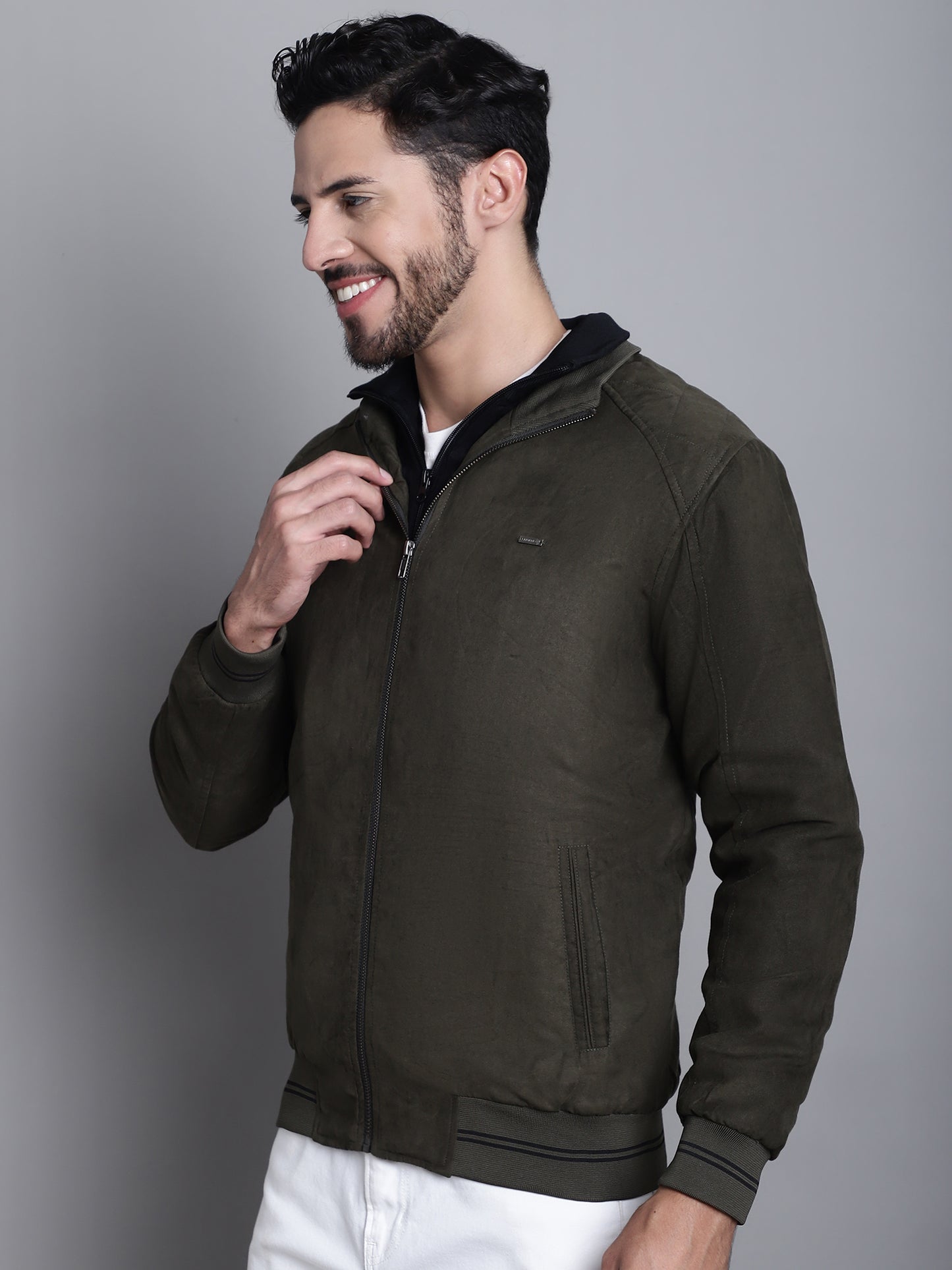 Cantabil Solid Olive Full Sleeves Mock Collar Regular Fit Casual Jacket for Mens (7171669328011)