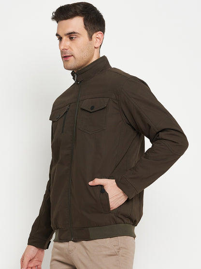 Solid Olive Green Full Sleeves Mock Collar Regular Fit Casual Jacket for Men