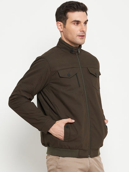 Solid Olive Green Full Sleeves Mock Collar Regular Fit Casual Jacket for Men