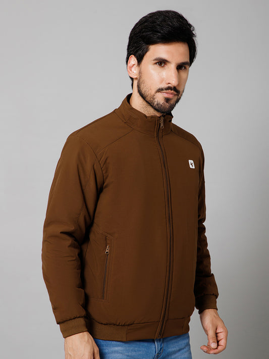 Solid Full Sleeves Mock Collar Regular Fit Brown Casual Reversible Jacket for Mens