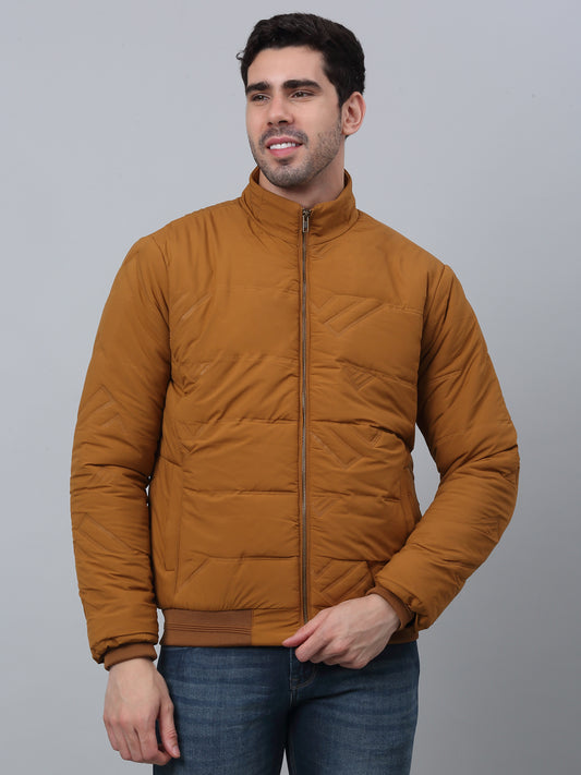 Solid Full Sleeves Band Collar Regular Fit Mustard Casual Jacket for Men