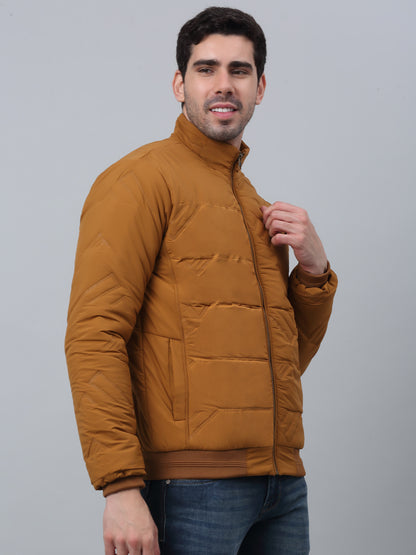 Solid Full Sleeves Band Collar Regular Fit Mustard Casual Jacket for Men