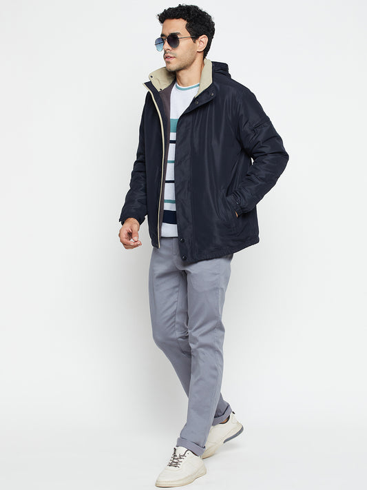 Solid Navy Blue Full Sleeves Hooded Neck Regular Fit Casual Jacket for Men