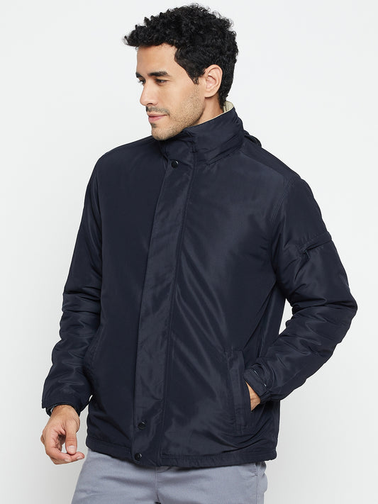 Solid Navy Blue Full Sleeves Hooded Neck Regular Fit Casual Jacket for Men