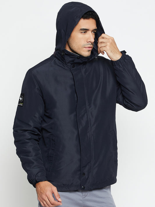 Solid Navy Blue Full Sleeves Hooded Neck Regular Fit Casual Jacket for Men